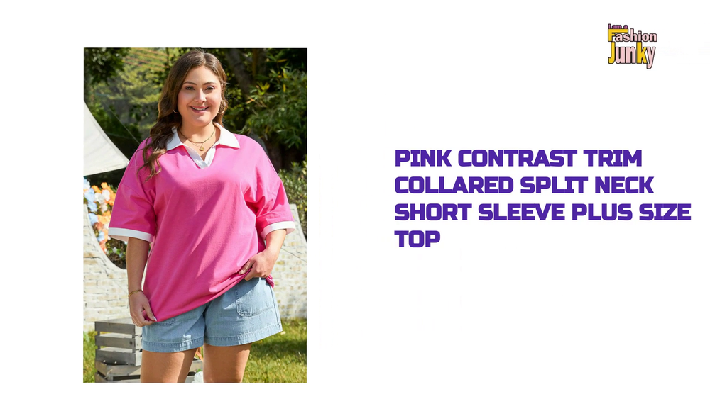 Pink Contrast Trim Collared Split Neck Short Sleeve Plus Size Top by@Outfy