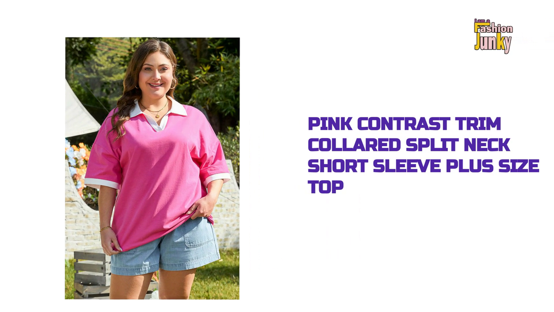 Pink Contrast Trim Collared Split Neck Short Sleeve Plus Size Top by@Outfy