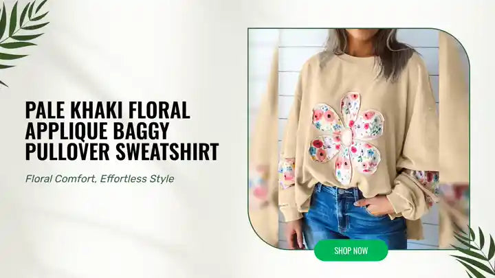 Pale Khaki Floral Applique Baggy Pullover Sweatshirt by@Outfy