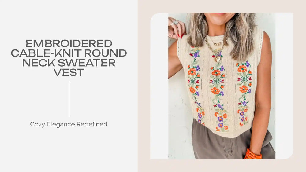 Embroidered Cable-Knit Round Neck Sweater Vest by@Outfy