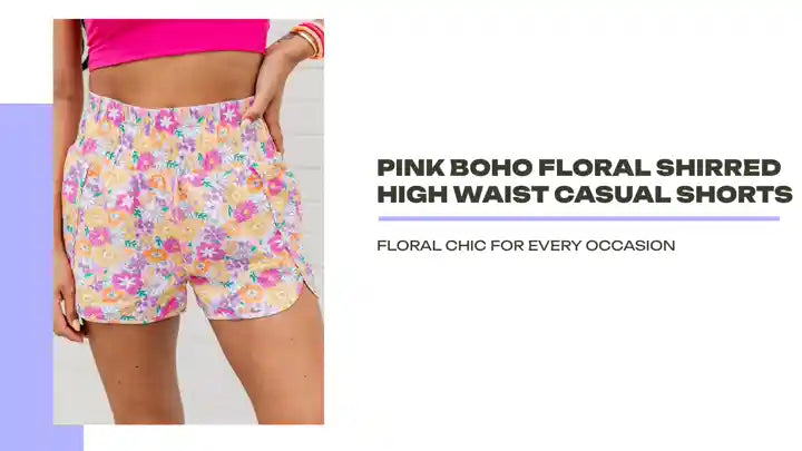 Pink Boho Floral Shirred High Waist Casual Shorts by@Outfy