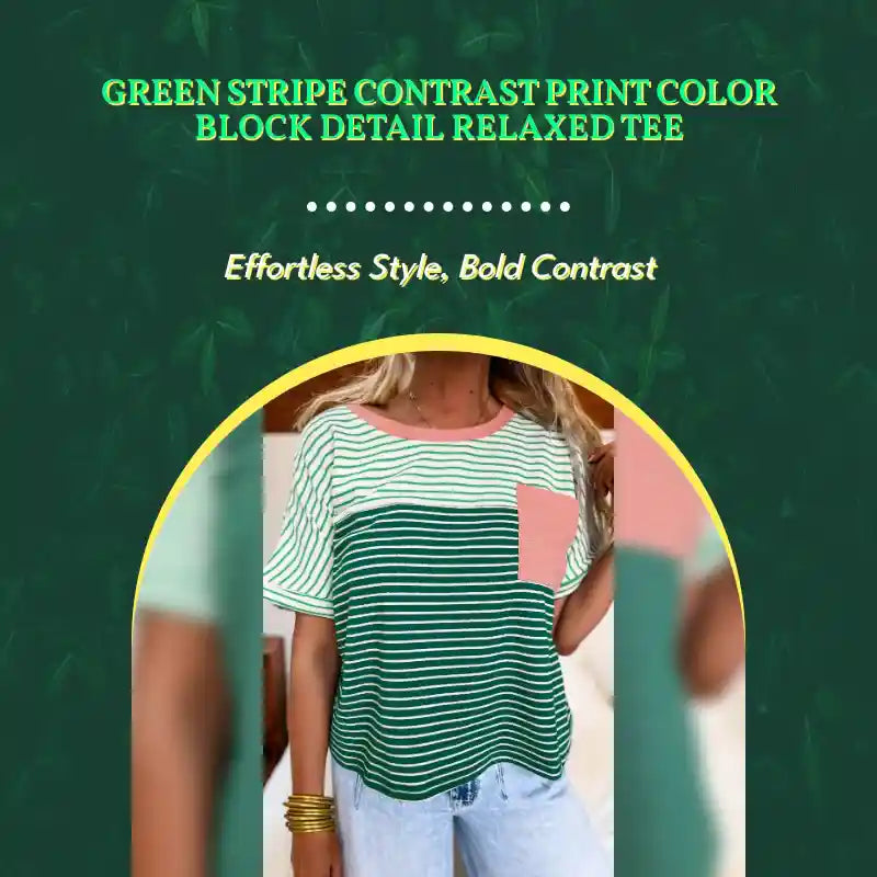 Green Stripe Contrast Print Color Block Detail Relaxed Tee by@Outfy