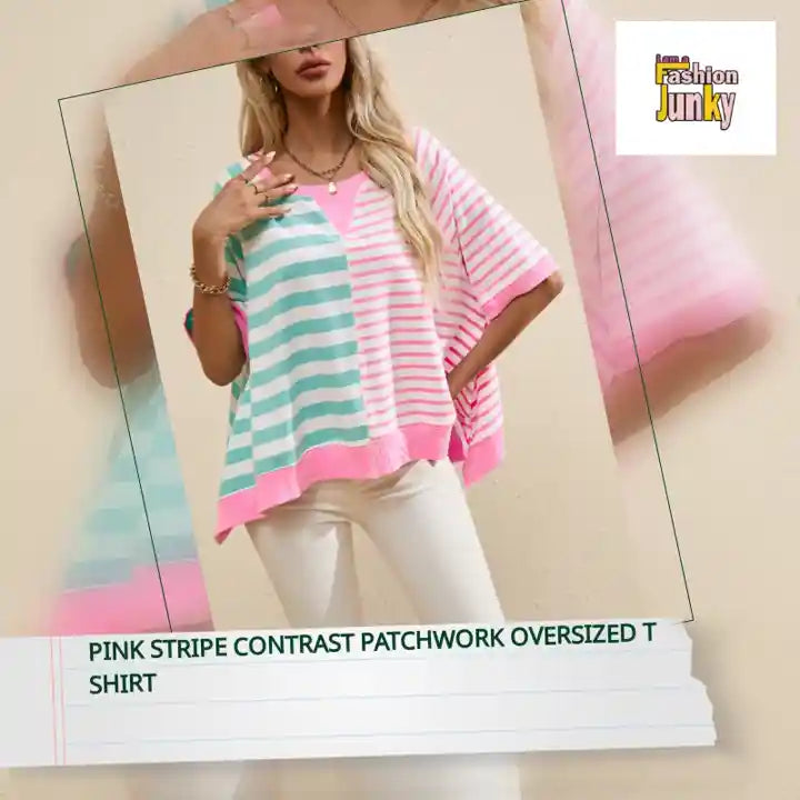Pink Stripe Contrast Patchwork Oversized T Shirt by@Outfy