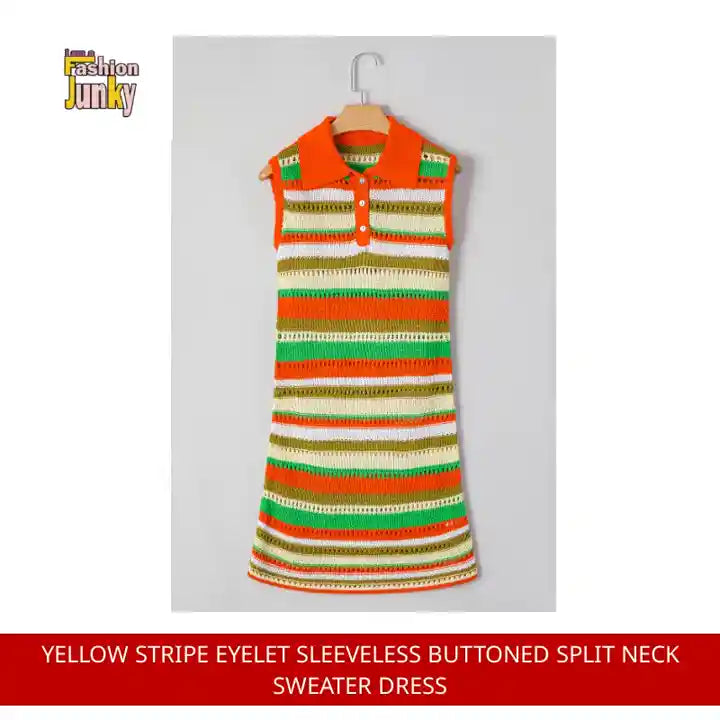 Yellow Stripe Eyelet Sleeveless Buttoned Split Neck Sweater Dress by@Outfy
