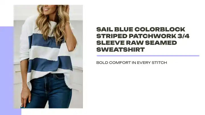 Sail Blue Colorblock Striped Patchwork 3/4 Sleeve Raw Seamed Sweatshirt by@Outfy