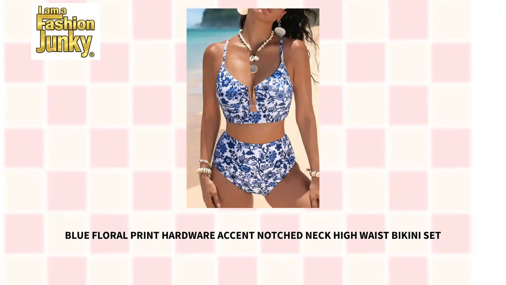 Blue Floral Print Hardware Accent Notched Neck High Waist Bikini Set by@Outfy