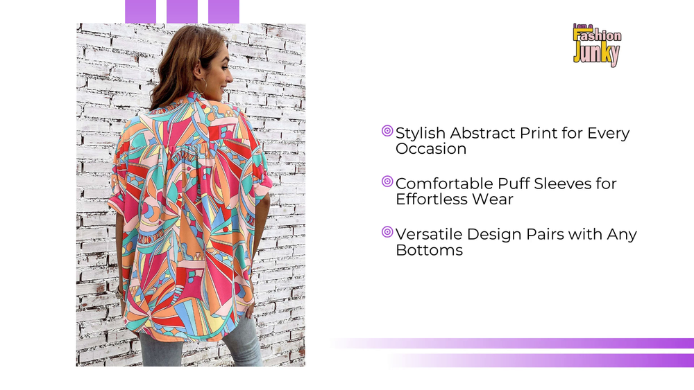 Multicolor Abstract Geometry Print Half Puff Sleeve Loose Shirt by@Outfy