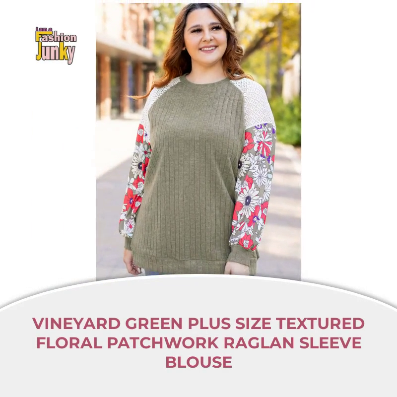Vineyard Green Plus Size Textured Floral Patchwork Raglan Sleeve Blouse by@Outfy