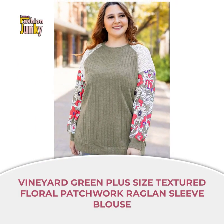 Vineyard Green Plus Size Textured Floral Patchwork Raglan Sleeve Blouse by@Outfy