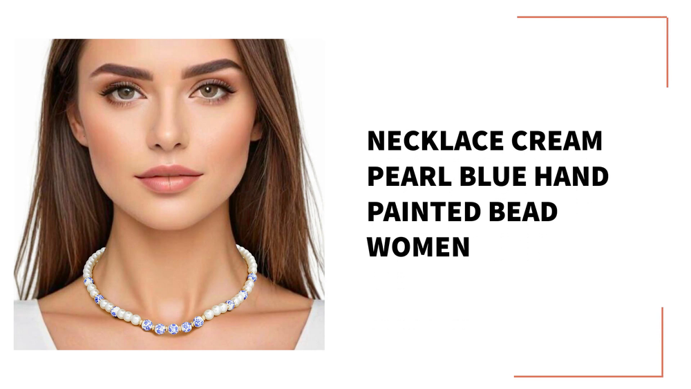 Necklace Cream Pearl Blue Hand Painted Bead Women by@Outfy