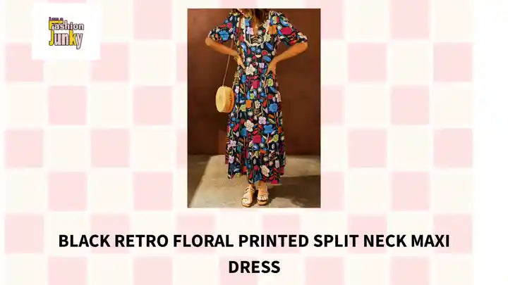 Black Retro Floral Printed Split Neck Maxi Dress by@Outfy