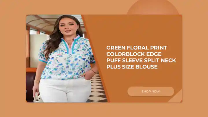 Green Floral Print Colorblock Edge Puff Sleeve Split Neck Plus Size Blouse by@Outfy