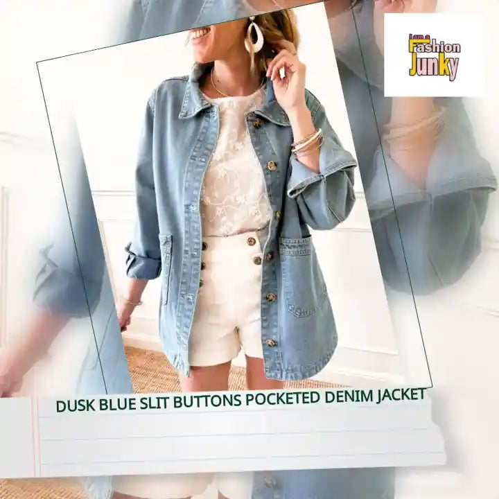 Dusk Blue Slit Buttons Pocketed Denim Jacket by@Outfy