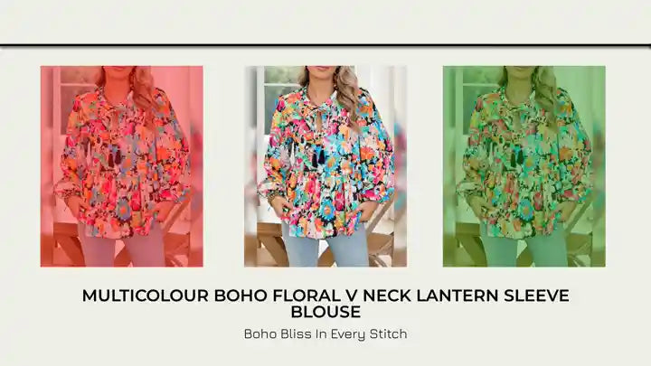 Multicolour Boho Floral V Neck Lantern Sleeve Blouse by@Outfy