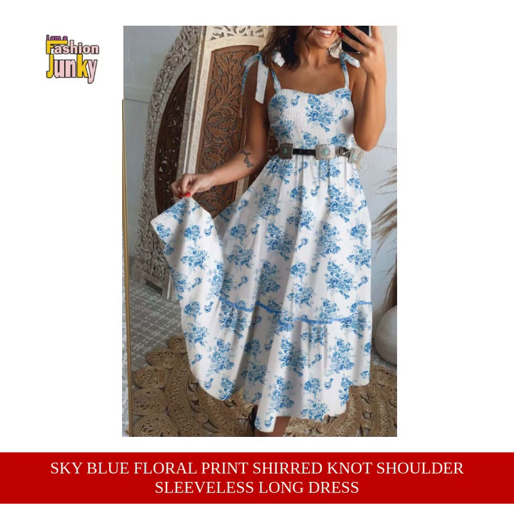 Sky Blue Floral Print Shirred Knot Shoulder Sleeveless Long Dress by@Outfy