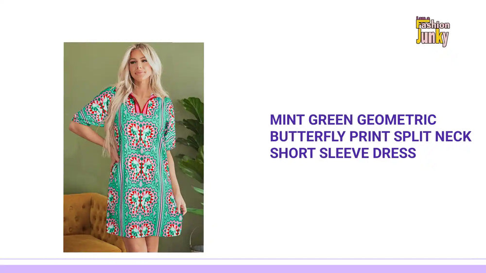 Mint Green Geometric Butterfly Print Split Neck Short Sleeve Dress by@Outfy