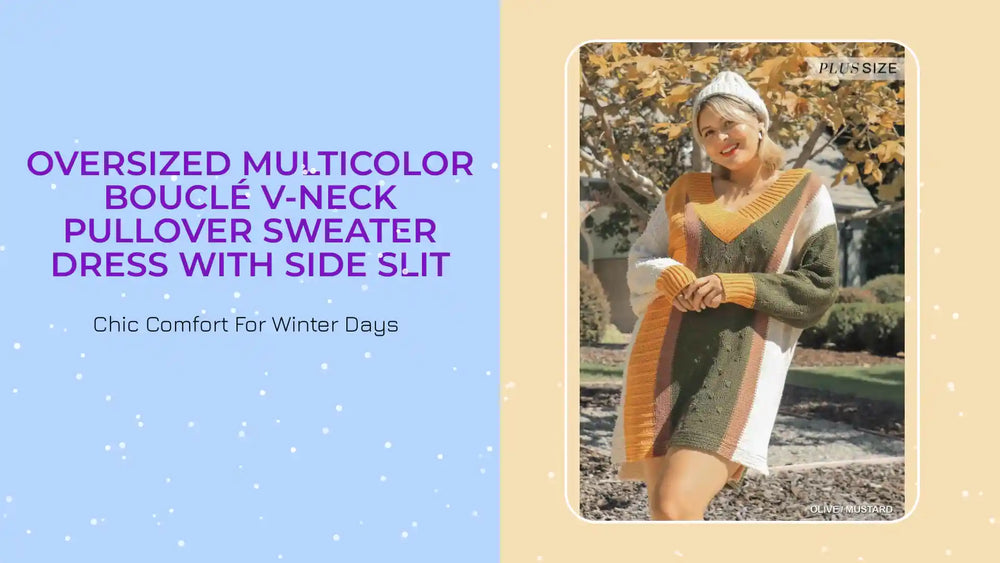Oversized Multicolor Boucl&eacute; V-neck Pullover Sweater Dress With Side Slit by@Outfy