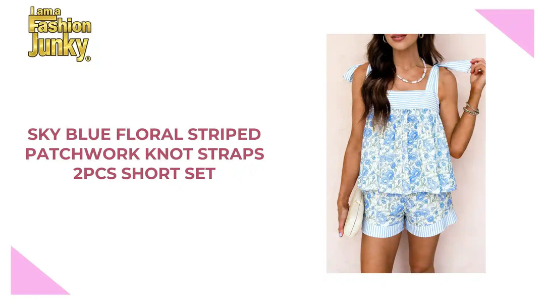 Sky Blue Floral Striped Patchwork Knot Straps 2pcs Short Set by@Outfy