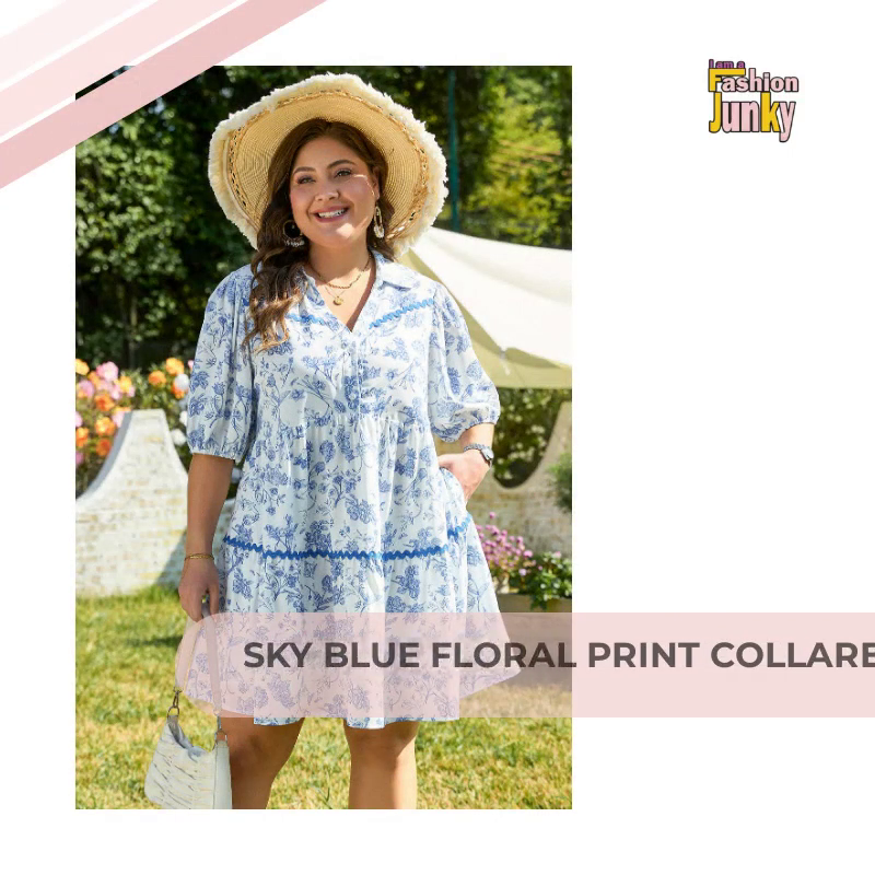 Sky Blue Floral Print Collared V Neck Ric-rac Trim Plus Size Mini Dress by@Outfy
