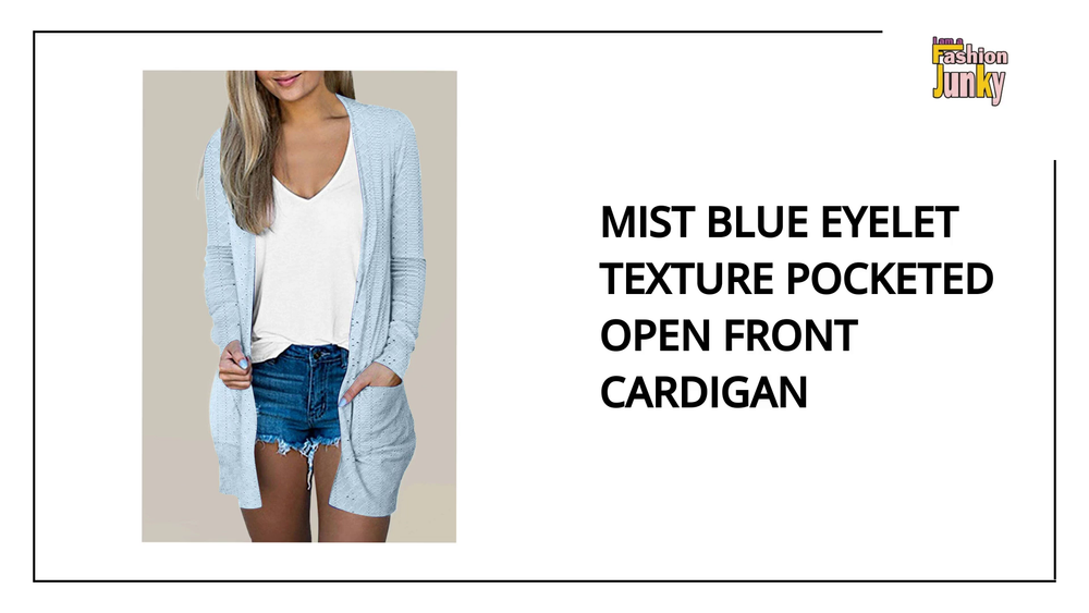 Mist Blue Eyelet Texture Pocketed Open Front Cardigan by@Outfy