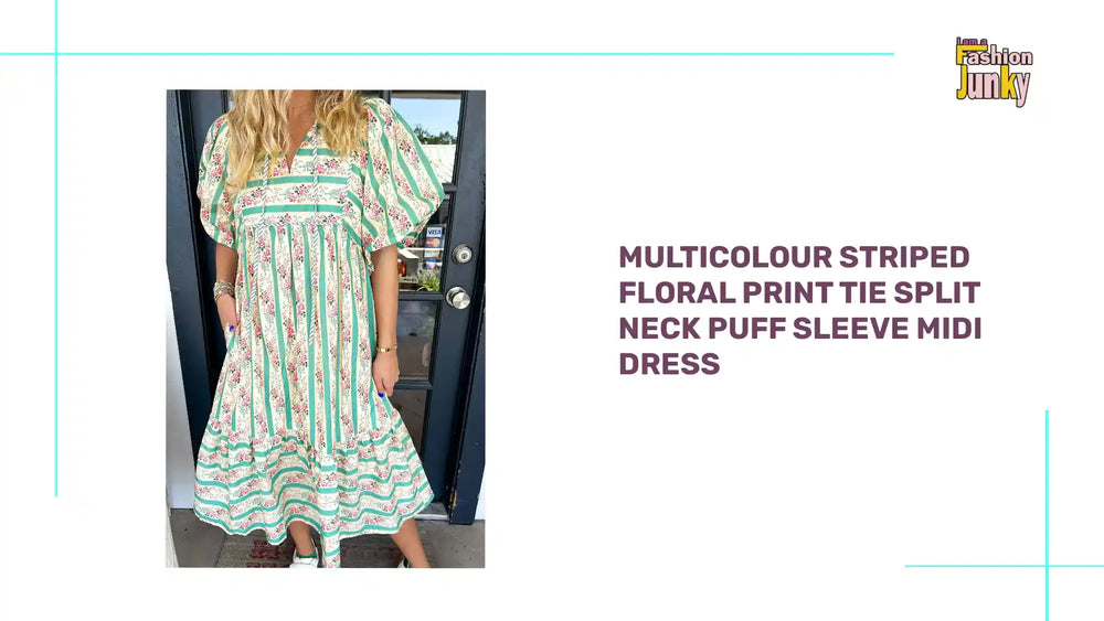 Multicolour Striped Floral Print Tie Split Neck Puff Sleeve Midi Dress by@Outfy