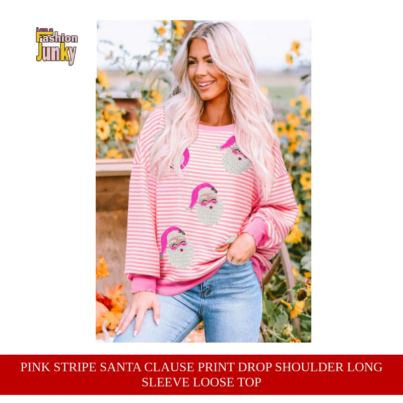 Pink Stripe Santa Clause Print Drop Shoulder Long Sleeve Loose Top by@Outfy
