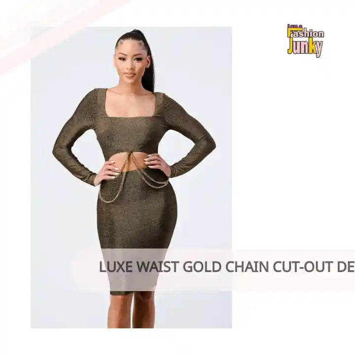 Luxe Waist Gold Chain Cut-out Detail Square Neck Glitter Bodycon Dress by@Outfy