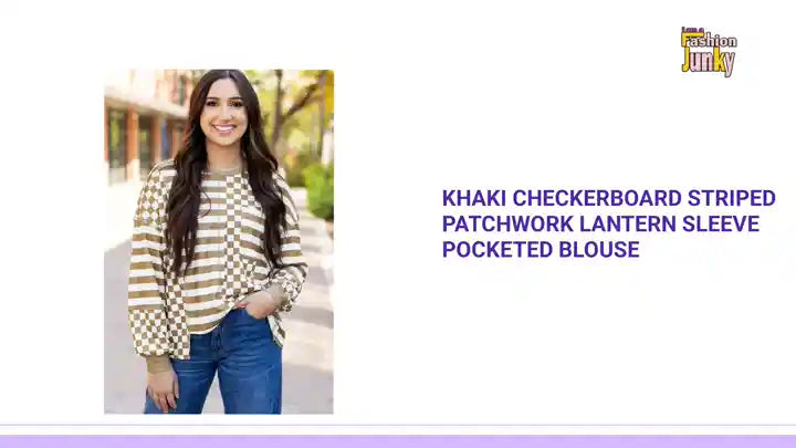 Khaki Checkerboard Striped Patchwork Lantern Sleeve Pocketed Blouse by@Outfy