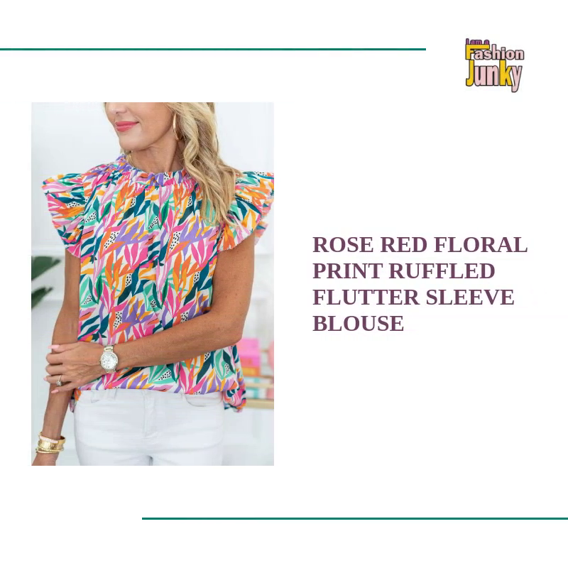 Rose Red Floral Print Ruffled Flutter Sleeve Blouse by@Outfy