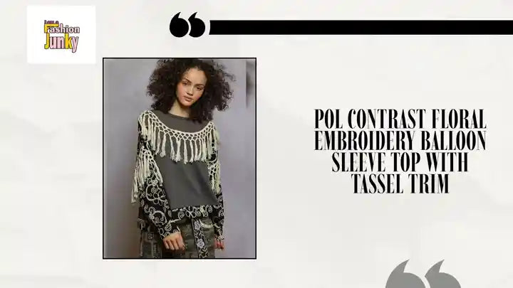 POL Contrast Floral Embroidery Balloon Sleeve Top with Tassel Trim by@Outfy