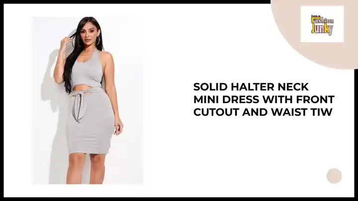 Solid Halter Neck Mini Dress With Front Cutout And Waist Tiw by@Outfy