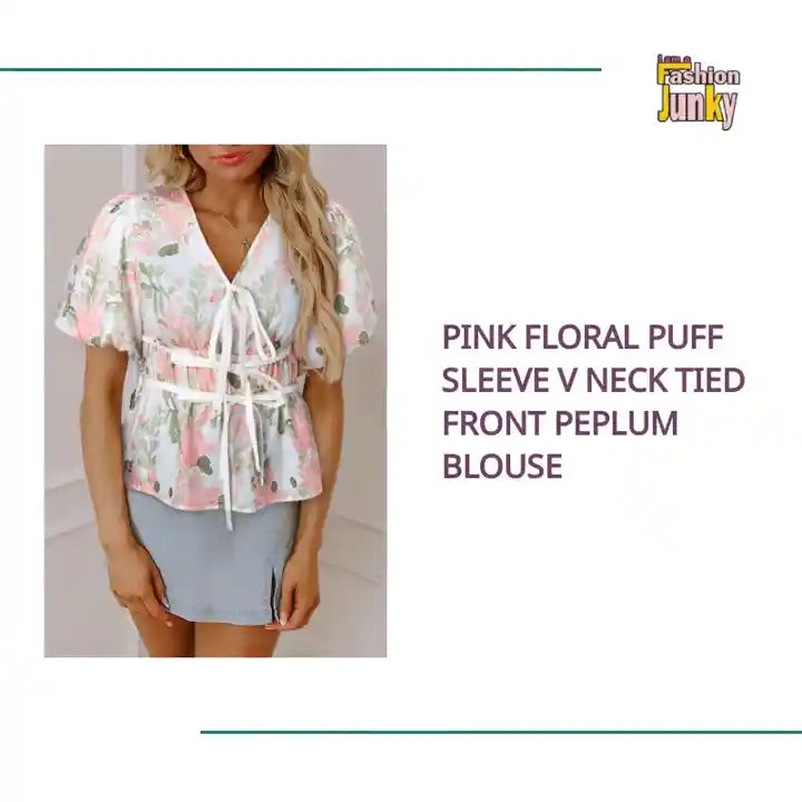 Pink Floral Puff Sleeve V Neck Tied Front Peplum Blouse by@Outfy