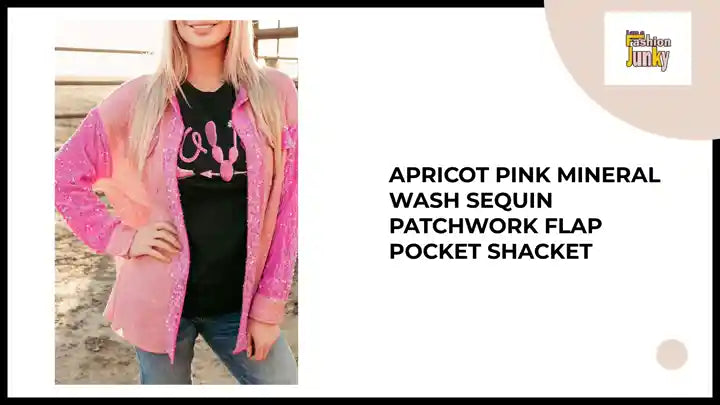 Apricot Pink Mineral Wash Sequin Patchwork Flap Pocket Shacket by@Outfy