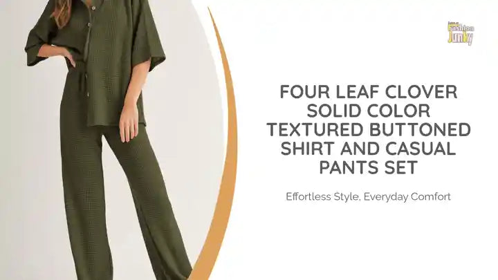 Four Leaf Clover Solid Color Textured Buttoned Shirt and Casual Pants Set by@Outfy