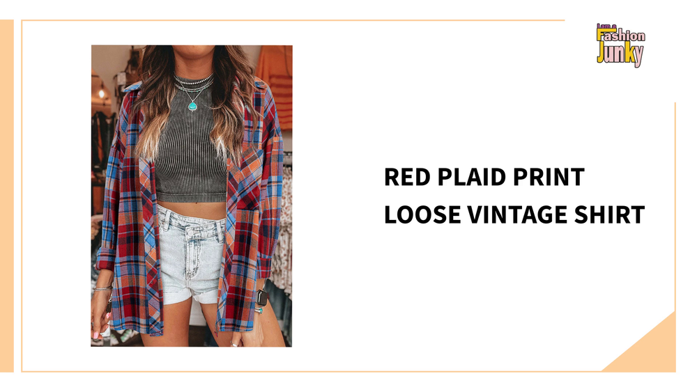 Red Plaid Print Loose Vintage Shirt by@Outfy