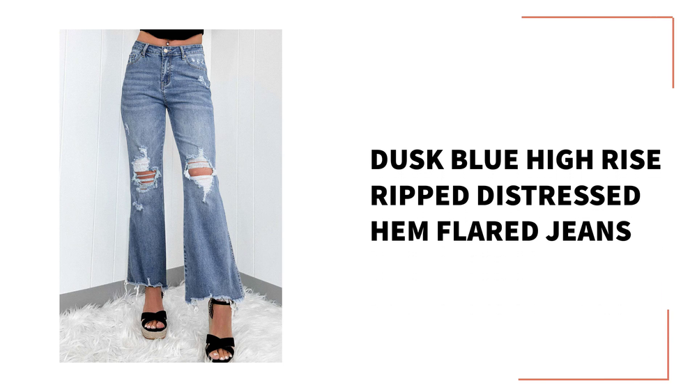 Dusk Blue High Rise Ripped Distressed Hem Flared Jeans by@Outfy