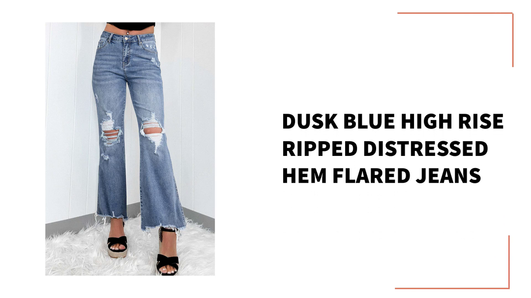 Dusk Blue High Rise Ripped Distressed Hem Flared Jeans by@Outfy
