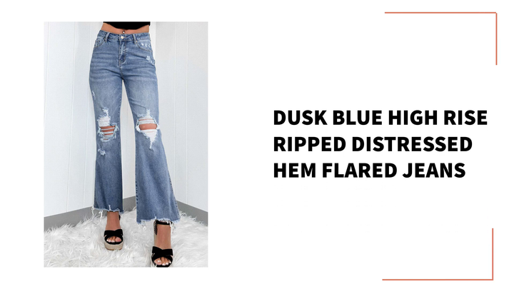 Dusk Blue High Rise Ripped Distressed Hem Flared Jeans by@Outfy