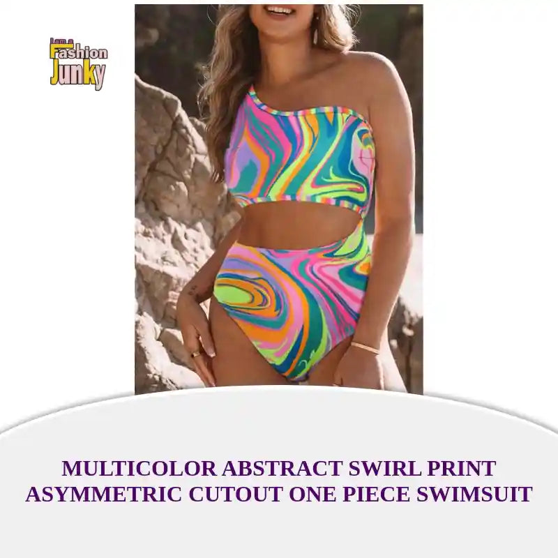 Multicolor Abstract Swirl Print Asymmetric Cutout One Piece Swimsuit by@Outfy