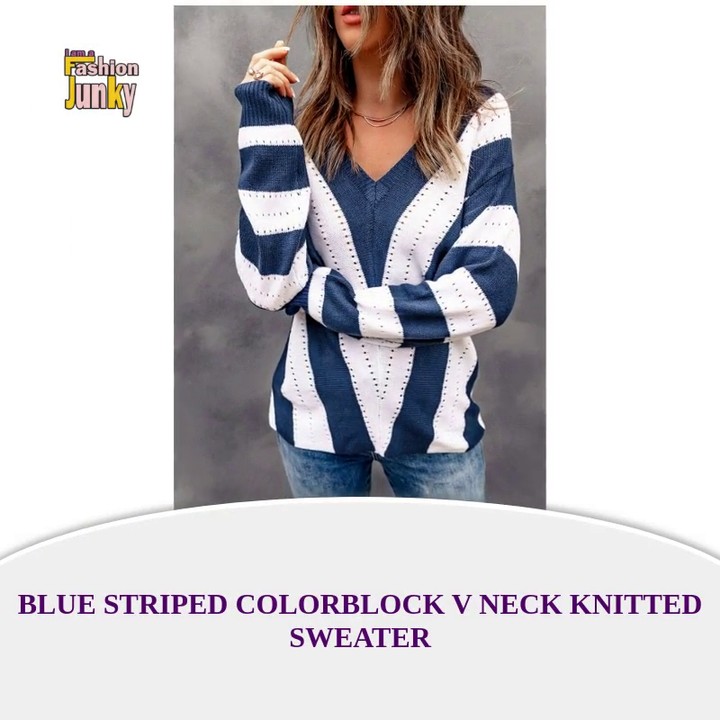 Blue Striped Colorblock V Neck Knitted Sweater by@Outfy