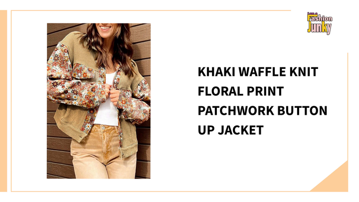 Khaki Waffle Knit Floral Print Patchwork Button up Jacket by@Outfy