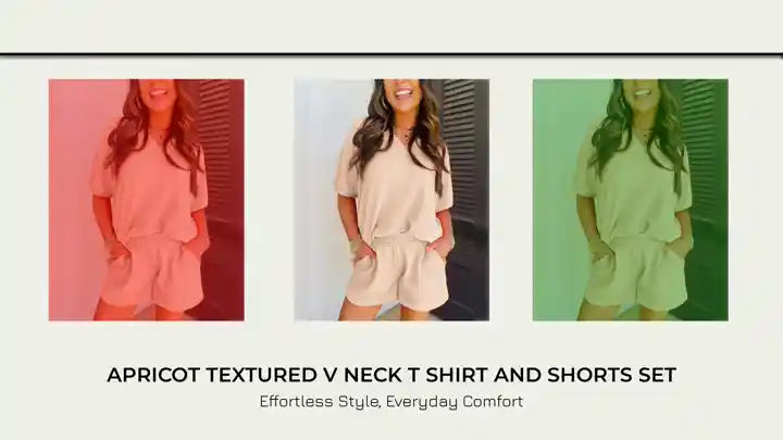 Apricot Textured V Neck T Shirt and Shorts Set by@Outfy