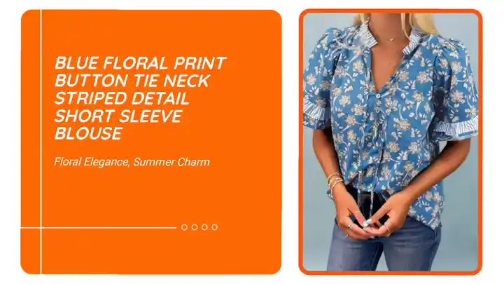 Blue Floral Print Button Tie Neck Striped Detail Short Sleeve Blouse by@Outfy