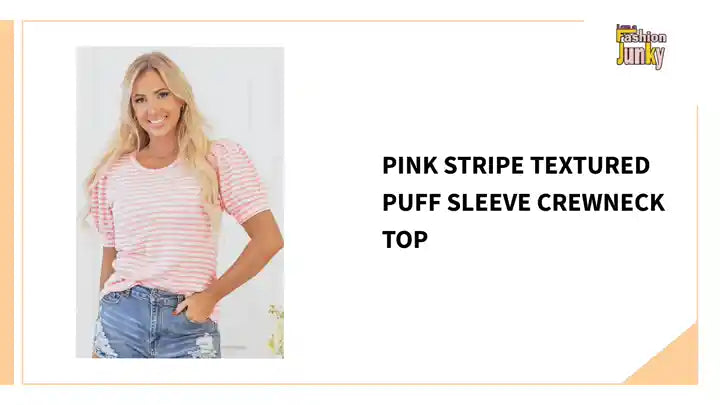 Pink Stripe Textured Puff Sleeve Crewneck Top by@Outfy