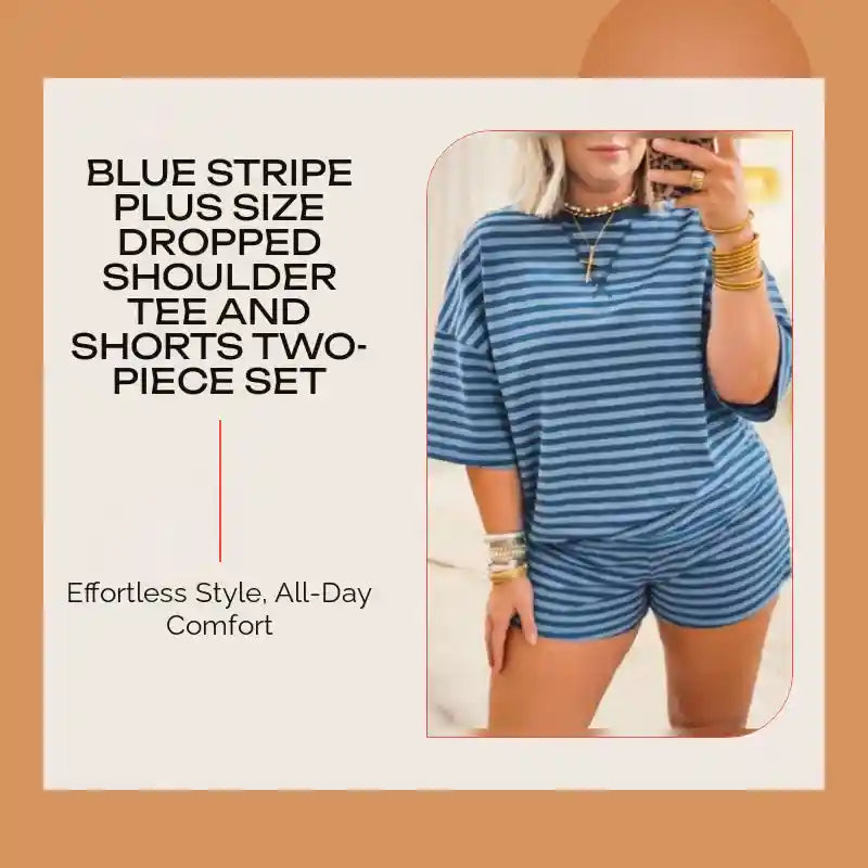 Blue Stripe Plus Size Dropped Shoulder Tee and Shorts Two-Piece Set by@Outfy