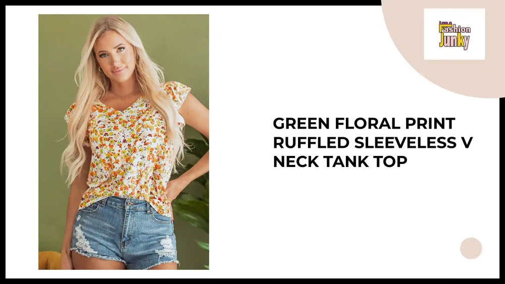 Green Floral Print Ruffled Sleeveless V Neck Tank Top by@Outfy