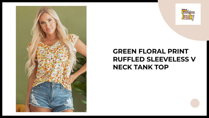 Green Floral Print Ruffled Sleeveless V Neck Tank Top by@Outfy