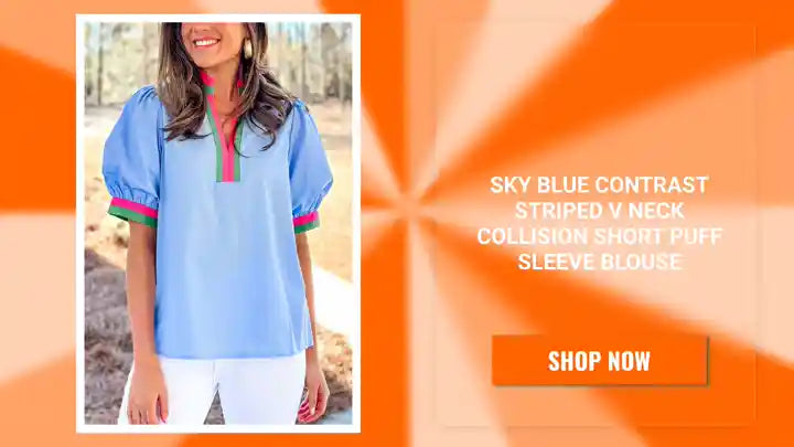 Sky Blue Contrast Striped V Neck Collision Short Puff Sleeve Blouse by@Outfy