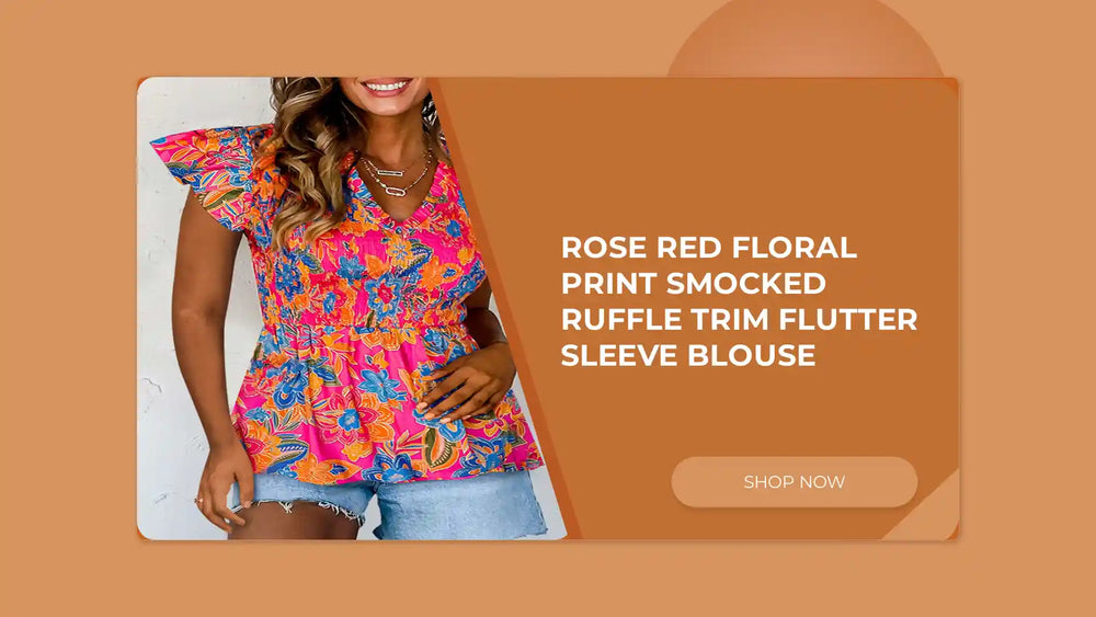 Rose Red Floral Print Smocked Ruffle Trim Flutter Sleeve Blouse by@Outfy