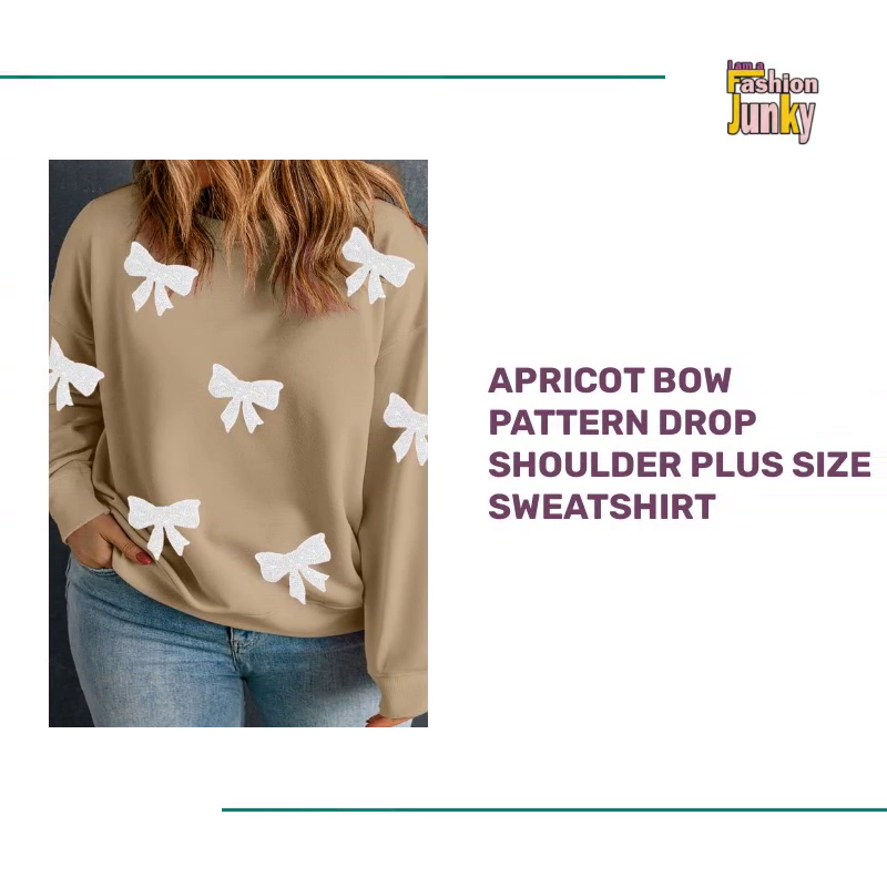 Apricot Bow Pattern Drop Shoulder Plus Size Sweatshirt by@Outfy